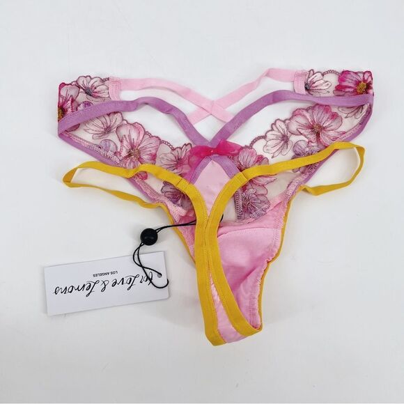 For Love & Lemons Falling Floral Lace Thongs Punch Pink XXS NWT - Picture 3 of 6